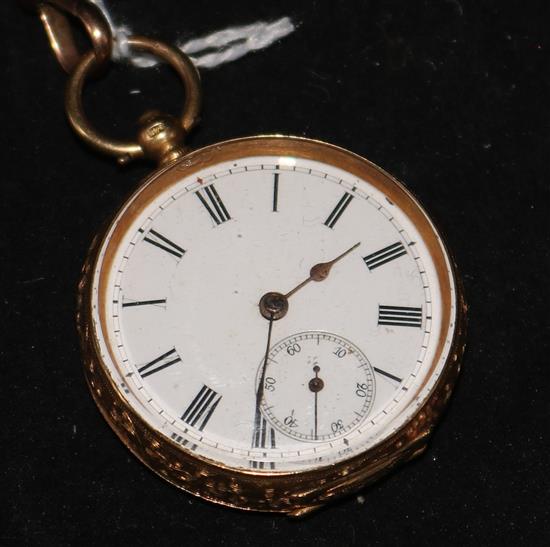 An 18ct gold engraved openface key-wind fob watch on 9ct gold curblink chain.